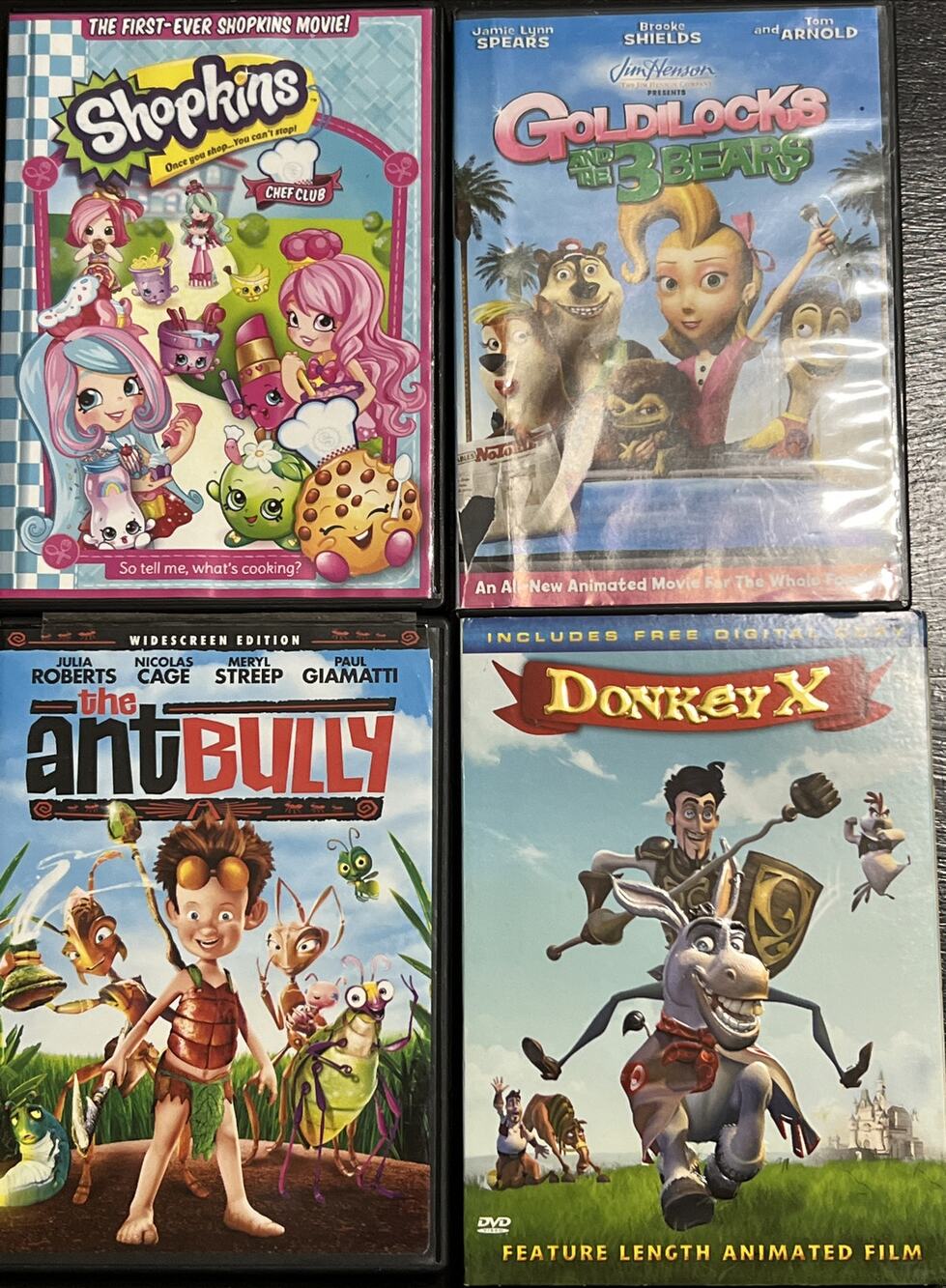 LOT 4x Kids DVDs Shopkins Jim Henson Goldilocks 3 Bears The Ant Bully Donkey X
